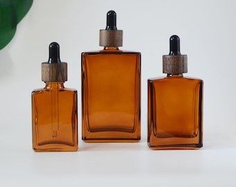 30ml 50ml 100ml Dropper Bottle Square Amber Glass Black Wooden Cap With Glass Pipe For Cosmetic Packaging Essential Oil Skin Care Bulk Order