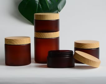 5oz 7oz 8oz Matte Amber Cosmetic Cream Jar Container, Plastic Bamboo Wood Grain Body Balm Oil Butter Scrub Container Bottle, Wholesale