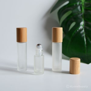 1-200pcs Natural Bamboo Frosted Glass Essential SPA Oil Roller Bottle, Perfume Roll on Bottle, Stone Crystal Roller Bottle