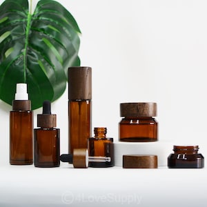 1-200pcs Cosmetic Stes Spray Bottle/Serum Lotion/Dropper/Cream Jar Clear Flat Shoulder Amber Glass Black Wood Grain Cap Hot Sale