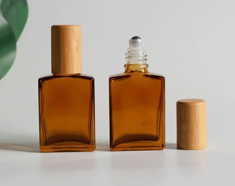 1-200 piezas de 30 ml, 1 oz, botellas con rodillo, tapa de bambú natural, cuadradas, de vidrio ámbar, para aceites esenciales, para spa, cuidado de la piel, enfermeras, embalaje cosmético al por mayor