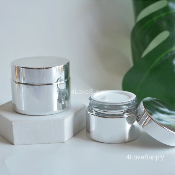1-200pcs 10g 15g 30g 50g Shiny Silver Empty Glass Facial Cream Jar Container, Elect-plated, Cosmetic Beauty Skin Care Packaging, Wholesale