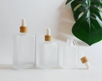 1-200pcs 30ml 50ml 100ml Dropper Bottles Square Frosted Glass Wooden Look Cap Essential Oil Container Cosmetic Packaging DIY Logo Wholesale