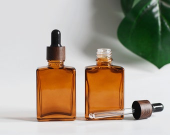 300pcs 30ml 1oz Serum Lotion Dropper Bottle Amber Square Glass Black Wooden Look Cap Essential Oil Container Customization Bulk Order