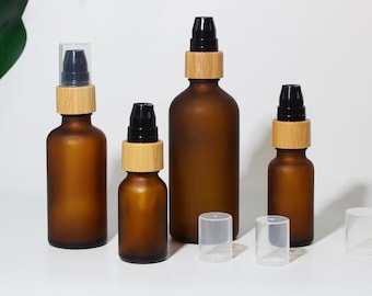 2025 New Lotion Pump Bottles Natural Bamboo Pump Frosted Brown Glass Empty Cosmetic Essential Oil Toner Pump Hair Care Oil Hotel/Barber Use