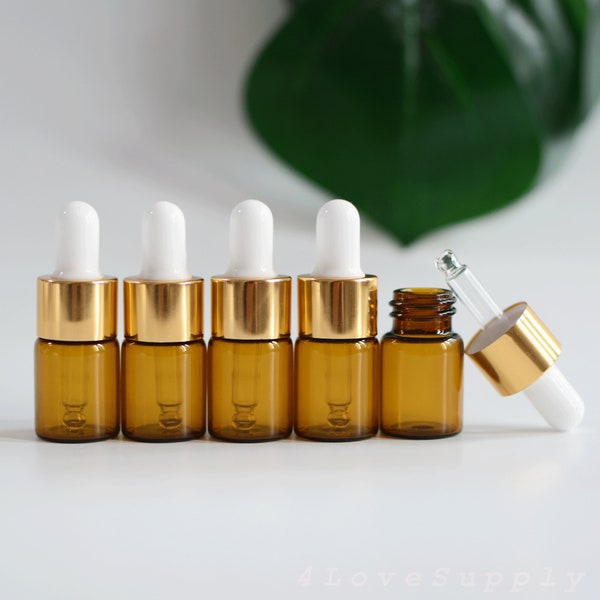 1-200pcs Amber Mini Dropper Bottle Gold Cap Sample Vial 5ml Small Essential Oil Cosmetic Glass Eye Dropper& Perfume Container Wholesale