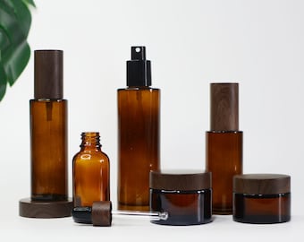 1-200pcs Cosmetic Stes Spray Bottle/Serum Lotion/Dropper/Cream Jar Clear Flat Shoulder Amber Glass Black Wood Grain Cap Hot Sale