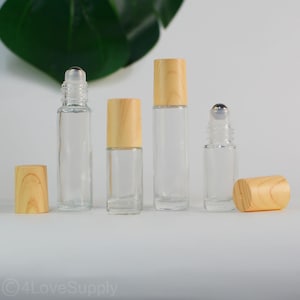 5ml 10ml Roller Tubes Bamboo Wooden Printing Look Frosted Clear Glass Essential Oil Roller Bottles, Perfume Lip Gloss Roller Bottles Bulk