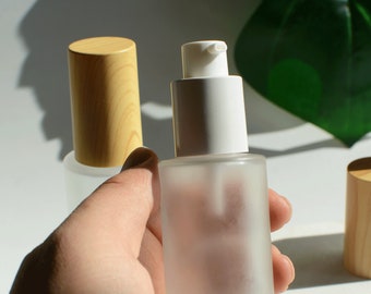 Botellas con bomba para loción y suero de 30 ml, 50 ml, 80 ml, 100 ml y 120 ml, de vidrio esmerilado, con tapa de aspecto de madera, para el cuidado de la piel, cosméticos, aceites esenciales, contenedores a granel