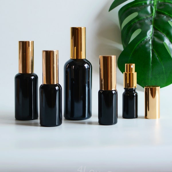 1-200pcs 15ml 20ml 30ml 50ml 100ml Luxury Fine Mist Spray Bottles Light Gold Cap Shiny Black Glass Perfume Fragrance Container Wholesale