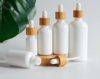 1-200pcs Dropper Bottle White Porcelain Glass Natural Bamboo Cap For Liquid Essential Oil Skin Care Packaging Beauty Make Up Wholesale