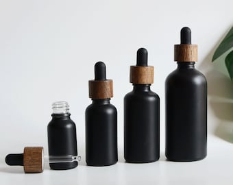 1-200pcs Retro  5ml-100ml Dropper Bottle Natural Dark Wood Cap Matte Black Glass Serum Essential Oil Sets Facial Body Care Bulk