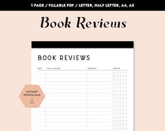 Printable Book Review Journal, Minimal Reading Tracker, Fillable PDF, Book Log, Planner Inserts, Book Journal, Book Chart, Review Log