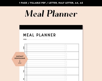 Printable Meal Planner, Fillable PDF, Printable PDF, Meal Prep, What's For Dinner, Grocery Planner, Grocery List, Printable Planner