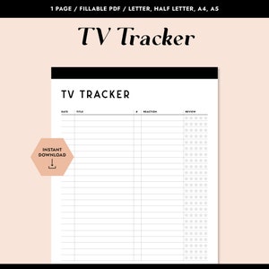 Puede incluir: Un rastreador de TV imprimible en blanco y negro con el título "TV Tracker" en la parte superior. El rastreador tiene columnas para la fecha, el título, la reacción y la revisión. La columna de revisión tiene un sistema de calificación con cinco estrellas.