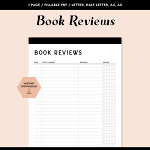 Printable Book Review Journal, Minimal Reading Tracker, Fillable PDF, Book Log, Planner Inserts, Book Journal, Book Chart, Review Log