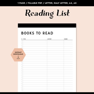 Printable Reading List, Minimal Reading Tracker, Fillable PDF, Book Log, Planner Inserts, Books to Read, TBR List, Books to Buy
