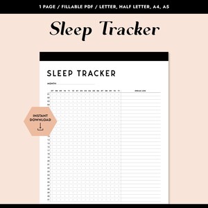 Peut inclure: Un suivi de sommeil imprimable noir et blanc avec un calendrier mensuel et une section pour le journal des r&ecirc;ves. Le suivi a un design simple avec une bordure noire et du texte blanc. Les mots "Sleep Tracker" sont en haut de la page.