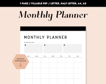 Printable Monthly Planner, Fillable Planner, Monthly Overview, Blank Monthly Planner, Printable Planner, Monthly Intentions, Blank Calendar