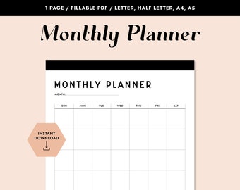 Printable Monthly Calendar, Fillable PDF, Printable PDF, Monthly Overview, Blank Monthly Planner, Printable Planner