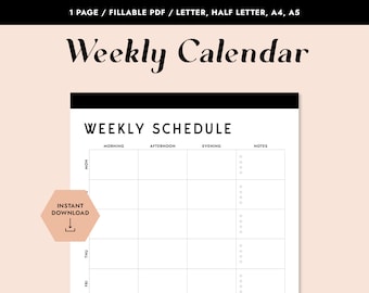 Minimal Weekly Schedule, Printable Weekly Planner, Fillable PDF, Weekly Tasks, Productivity Planner, Planner Inserts, Printable Planner