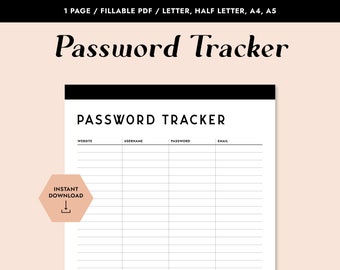Printable Password Tracker, Password Codes Tracker, Username Log, Password Log, Website Log, Life Organizer, A4, A5, Letter, Half Letter