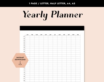 Yearly Planner Printable, Perpetual Calendar, Yearly Overview, Birthday Calendar, Yearly Tracker, A5, Half-Letter, A4, Letter