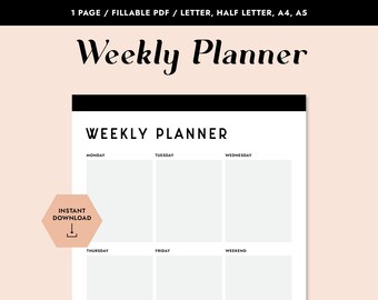 Printable Weekly Planner, Fillable PDF, Printable PDF, Weekly Tasks, Productivity Planner, Business Planner, Printable Planner