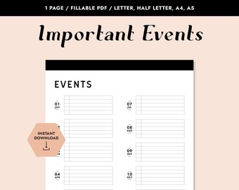 Important Events Printable, Fillable PDF, Events Calendar, Birthday Tracker, Anniversary Tracker, Minimal Planner, Printable Planner