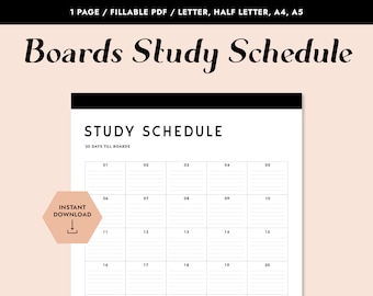 Printable Boards Study Schedule, Fillable PDF, Monthly Planner, Board Exams Study Guide, Dental, Dental Hygiene, Bar Exam, Medical