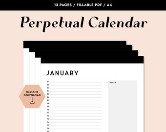 Printable A4 Year Planner, Fillable PDF, Printable PDF, Perpetual Calendar, Monthly Planner, Printable Planner, Yearly Calendar