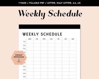 Printable Weekly Schedule, Minimal Weekly Planner, Fillable PDF, Weekly Tasks, Productivity Planner, Planner Inserts, Printable Planner