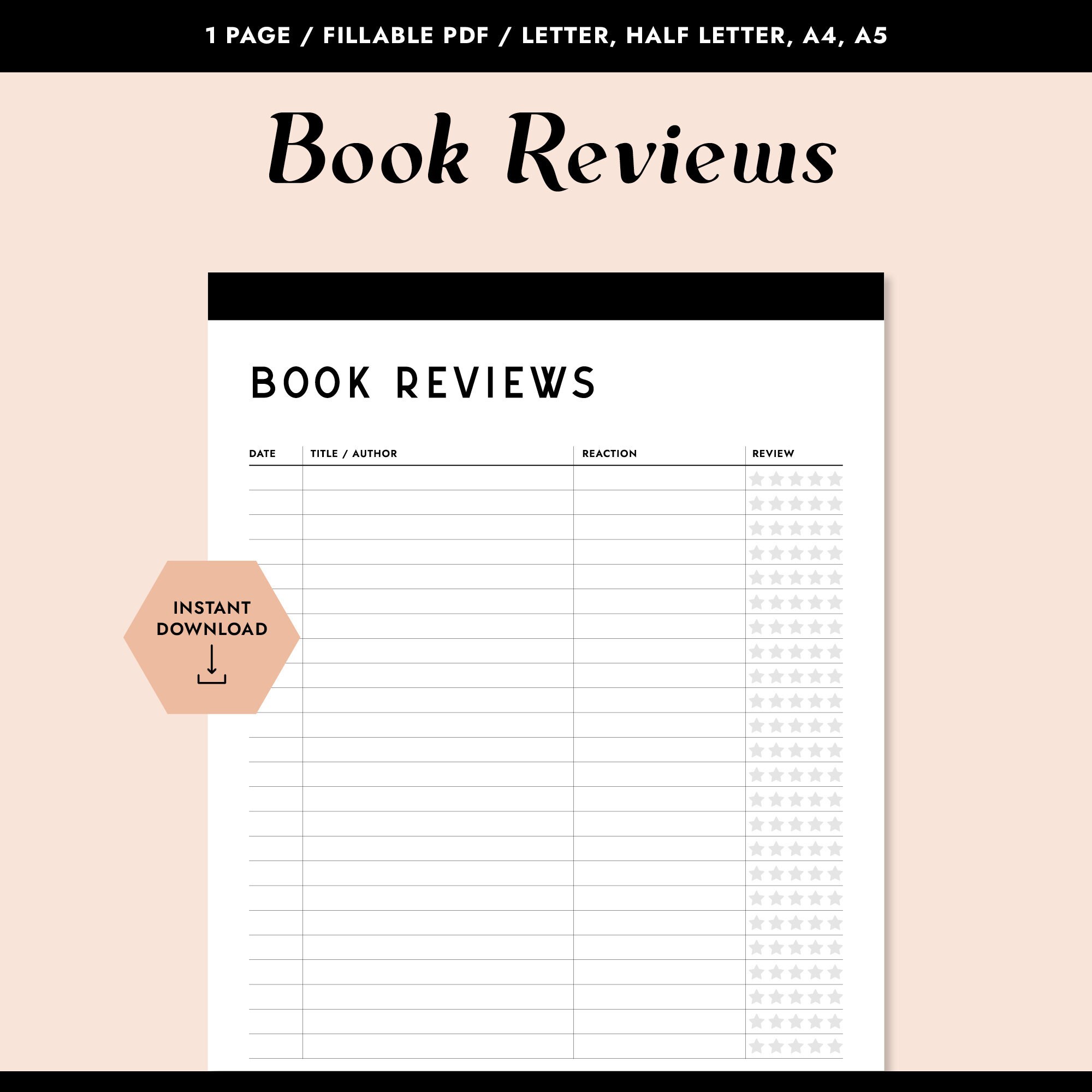 Printable Book Review Journal, Minimal Reading Tracker, Fillable PDF ...