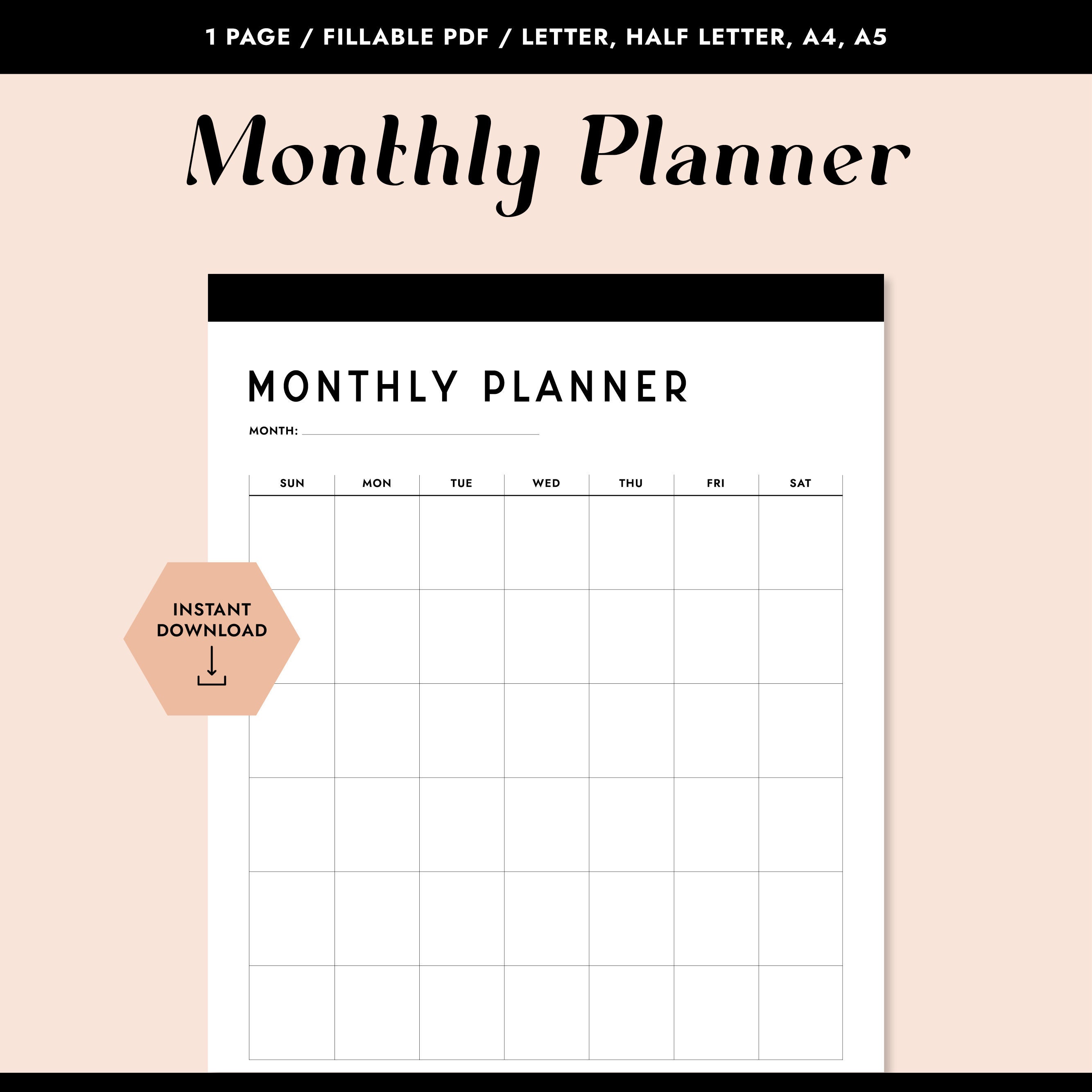 Printable Monthly Calendar, Fillable PDF, Printable PDF, Monthly ...