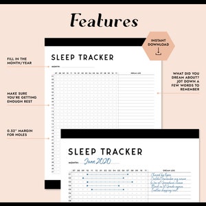 Peut inclure: Un suivi de sommeil imprimable noir et blanc avec une grille pour suivre les heures de sommeil et une section pour la tenue d'un journal des r&ecirc;ves. Le suivi comporte le texte "Sleep Tracker" et "Month: June 2020".