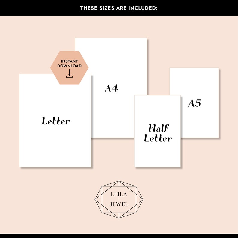 Peut inclure: Un graphique montrant les diff&eacute;rentes tailles de fichiers imprimables inclus dans un t&eacute;l&eacute;chargement num&eacute;rique&nbsp;: Letter, Half Letter, A4 et A5. Le texte &laquo;&nbsp;Ces tailles sont incluses&nbsp;&raquo; est en haut du graphique. Le texte &laquo;&nbsp;T&eacute;l&eacute;chargement instantan&eacute;&nbsp;&raquo; est dans un hexagone.