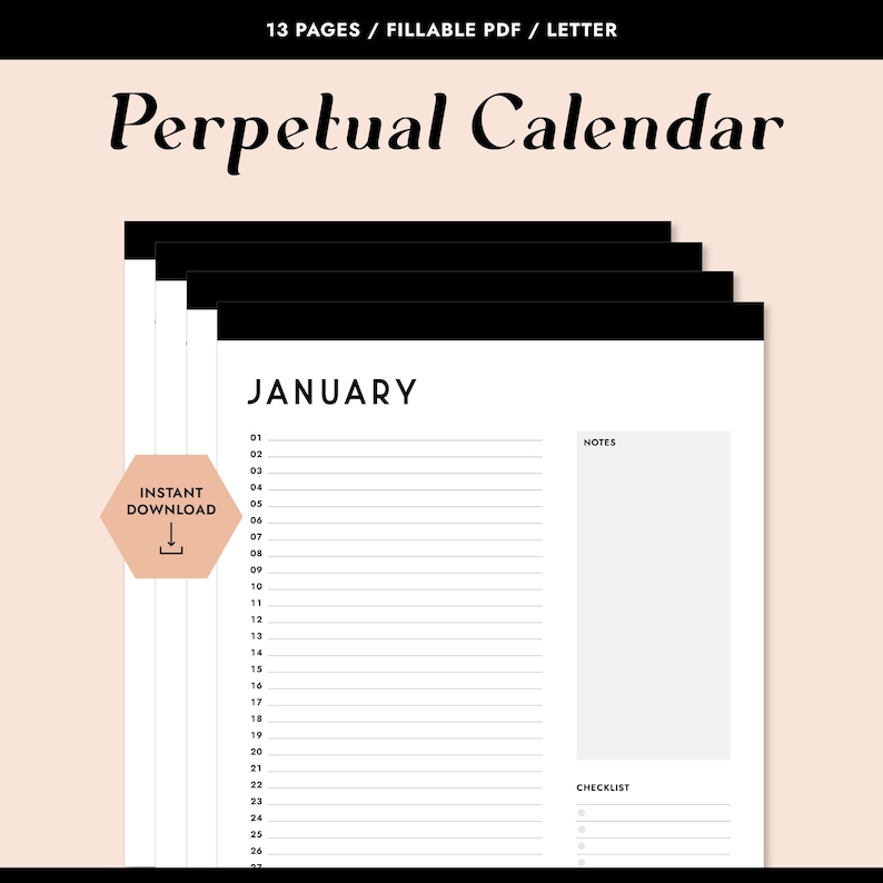 Printable Perpetual Calendar, US Letter, Fillable PDF, Printable PDF, Year Planner, Monthly Planner, Printable Planner, Yearly Calendar image 1