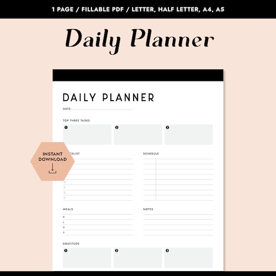 Printable Daily Planner, Fillable PDF, Task & Meal Planning (US Letter, A4, A5)
