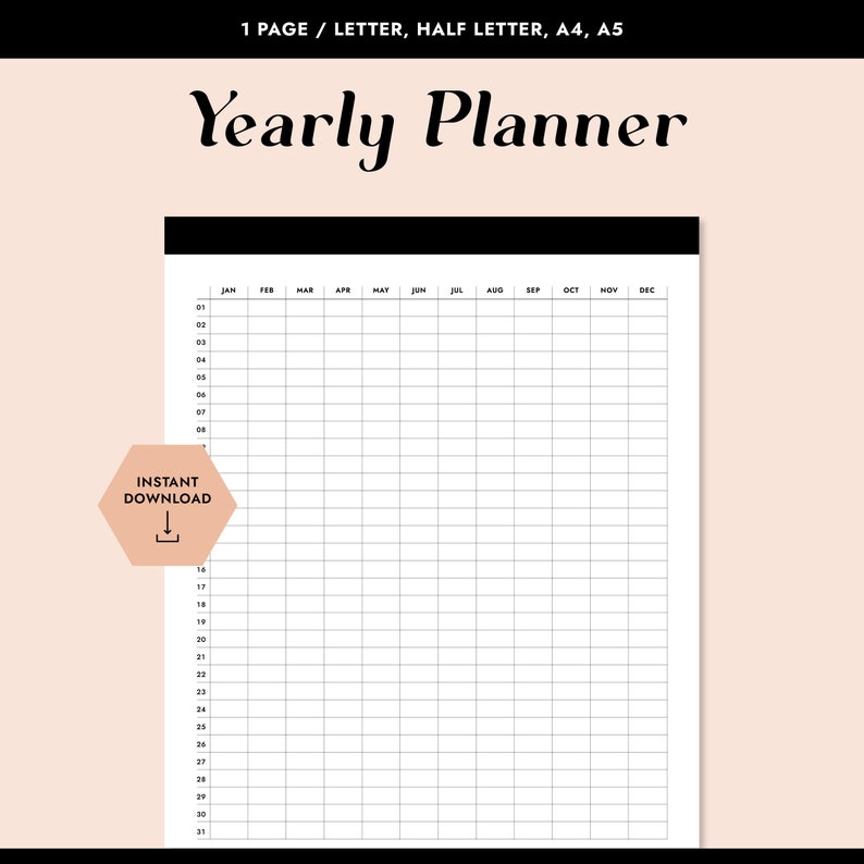 yearly planner printable perpetual calendar yearly overview etsy