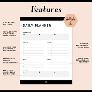 May include: A black and white daily planner printable with the text "DAILY PLANNER" at the top. The planner includes sections for top three tasks, checklist, schedule, meals, notes, and gratitude.