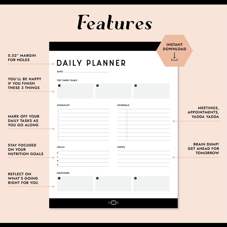 May include: A black and white daily planner printable with the text "DAILY PLANNER" at the top. The planner includes sections for top three tasks, checklist, schedule, meals, notes, and gratitude.