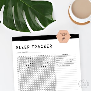 Peut inclure: Un suivi du sommeil imprimable en noir et blanc avec une grille pour suivre les habitudes de sommeil et une section pour un journal des r&ecirc;ves. Le texte "SLEEP TRACKER" est en haut de la page. Le mois est juin 2020.