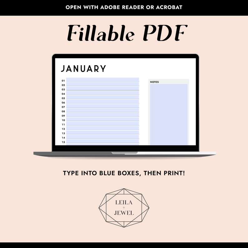 Printable A4 Year Planner, Fillable PDF, Printable PDF, Perpetual