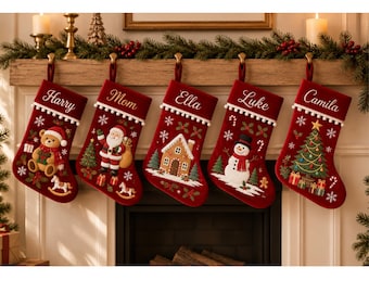Personalized Embroidered Christmas Stocking – Embroidered Wool – Velvet Cuff