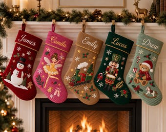 Embroidered Xmas Stockings, 2026 Matching Family Christmas Stockings, Xmas Decor, Holiday Stockings, Fireplace Mantel Decor, Christmas Socks