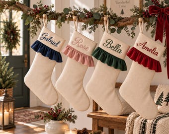 Custom Embroidered Christmas Stockings, Personalized Velvet Stocking with Name, Red Xmas Stocking, Holiday Family Decoration