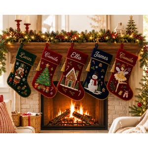 May include: Five personalized Christmas stockings hanging in a row. The dark green stocking features a nutcracker, the red one a Christmas tree, the burgundy one a gingerbread house, the navy one a snowman, and the red one a fairy.