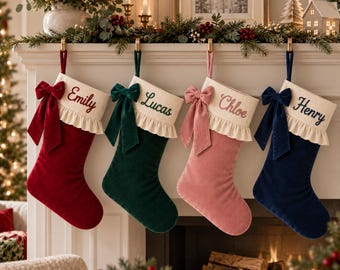 Embroidered Name Stocking, Personalized Velvet Christmas Stocking with Bow, Custom Family Christmas Stockings, Farmhouse Decor
