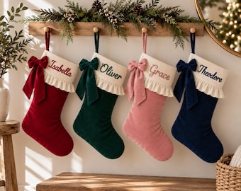 Custom Family Velvet Christmas Stocking: Raised Cord Name and Ruffle Trim
