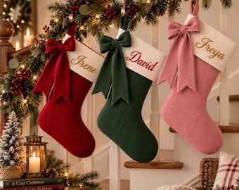 2026 Personalized Christmas Stocking, Handmade Name Yarn Lettering Stocking, Plaid Bow Holiday Decor, Family Xmas Gift